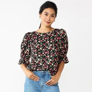 NWT DRAPER JAMES RSVP Cinched Elbow Sleeve Top Black Floral Print - Size Small